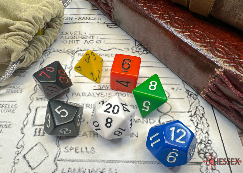 Lot de 7 dés polyédriques Nostalgia Opaque GM et joueur débutant