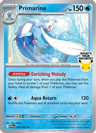 Primarina - 020/084 (What's Your Favorite Stamp)  - Rare - Holofoil